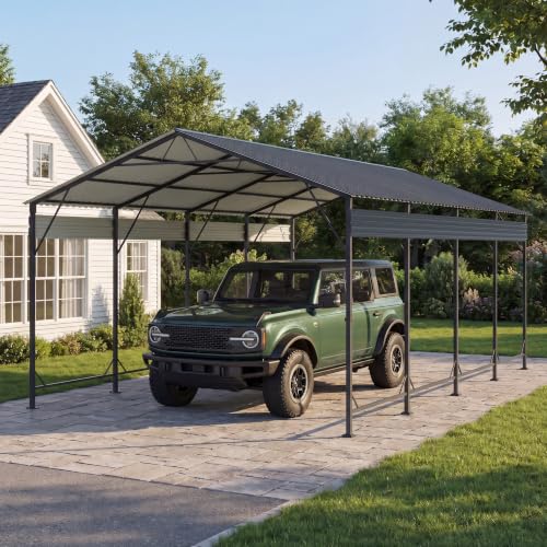 Image of Greesum 12x20FT Heavy Duty Metal Carport with Side Support Rods, Gray