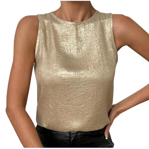 Women's Camisole Mock Neck Sleeveless Basic Cami Tops Back Keyhole Sexy Tank Shirts Loose Fit Shiny Blouses, Gold,Medium