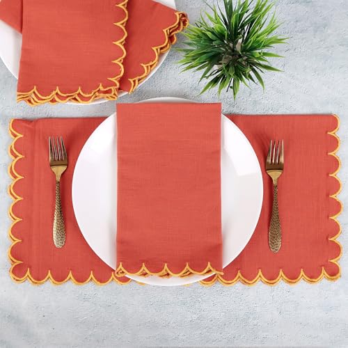 Image of FINGERCRAFT Scallop Edge Cloth Napkins | Set of 6 | 20x20 Inches | 100% Cotton | Table Napkins for Any Occasion | Washable, Perfect for Parties and Everyday Use (Rust Slub, Set of 6)