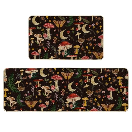 Artoid Mode Black Mushrooms Butterfly Spring Kitchen Mats Set of 2, Home Decor Low-Profile Kitchen Rugs for Floor - 17x29 and 17x47 Inch