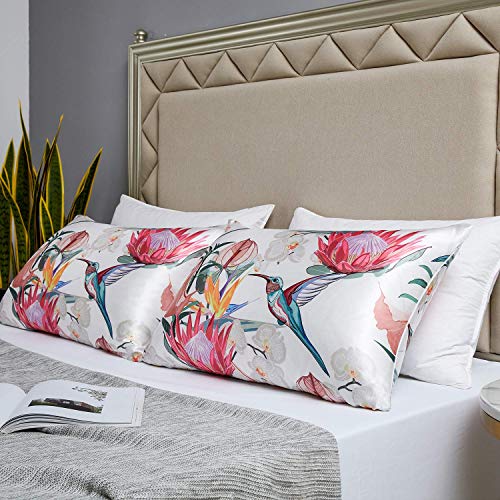 Image of MR&HM Satin Pillowcase for Hair and Skin, Silk Satin Pillowcase 2 Pack, Standard Size Pillow Cases Set of 2, Silky Pillow Cover with Envelope Closure (20x26, Floral Bird)