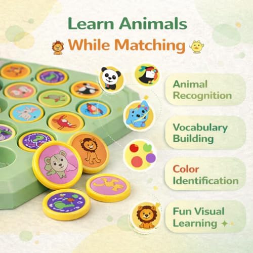 Image of Animal Memory Flip Chess Game Montessori Matching Puzzle Board Game for Kids Educational Travel Toy for Toddlers, Preschoolers Learning Activities (Animle Stickers & 4 Stick)