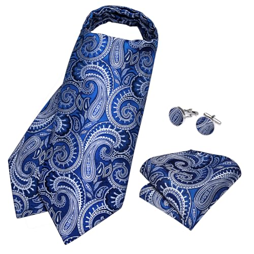Image of DiBanGu Mens Silk Ascot Ties Paisley Jacquard Woven Cravat and Pocket Square Cufflinks with Lapel Pin for Business Wedding