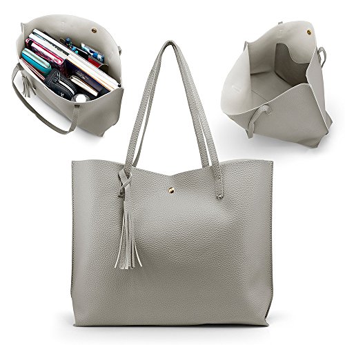 OCT17 Women Tote Bag - Tassels Faux Leather Shoulder Handbags, Fashion Ladies Purses Satchel Messenger Bags - Gray