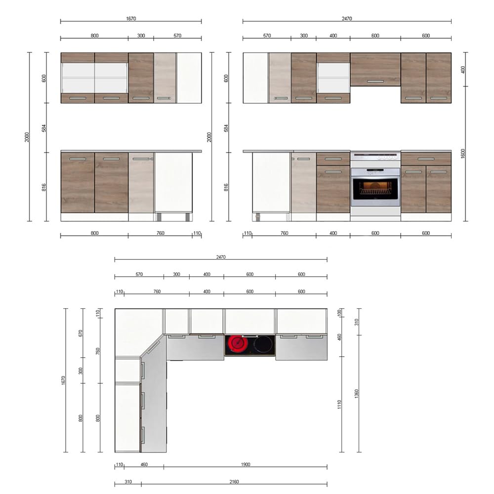 Vicco Eckküche Rick, Sonoma/Weiß, 247 x 167 cm | AP Marmor mit LED-Leisten, mit modularen Elementen flexibel erweiterbar und kombinierbar