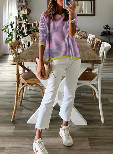 Image of Dokotoo Women's Long Sleeve Sweaters Casual Crewneck Fashion Fall Striped Color Block Shirts High Low Pullover Sweater Tops