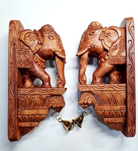 Image of Wooden Elephant Wall Bracket Pair 12 Inch Hand Carved Wood Wall Hanging with Brass Bells | Traditional Elephant Corbel Shelf Decor (Set of 2)