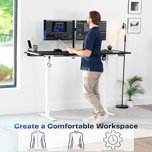 Image of VIVO Black 71 x 30 in Standing Desk, DESK-KIT-1W6-P3B-71 | Electric, Holds 220 lbs, Sit Stand, Height Adjustable, Cable Tray, Full-Size Mouse Pad, Office Furniture, White Frame