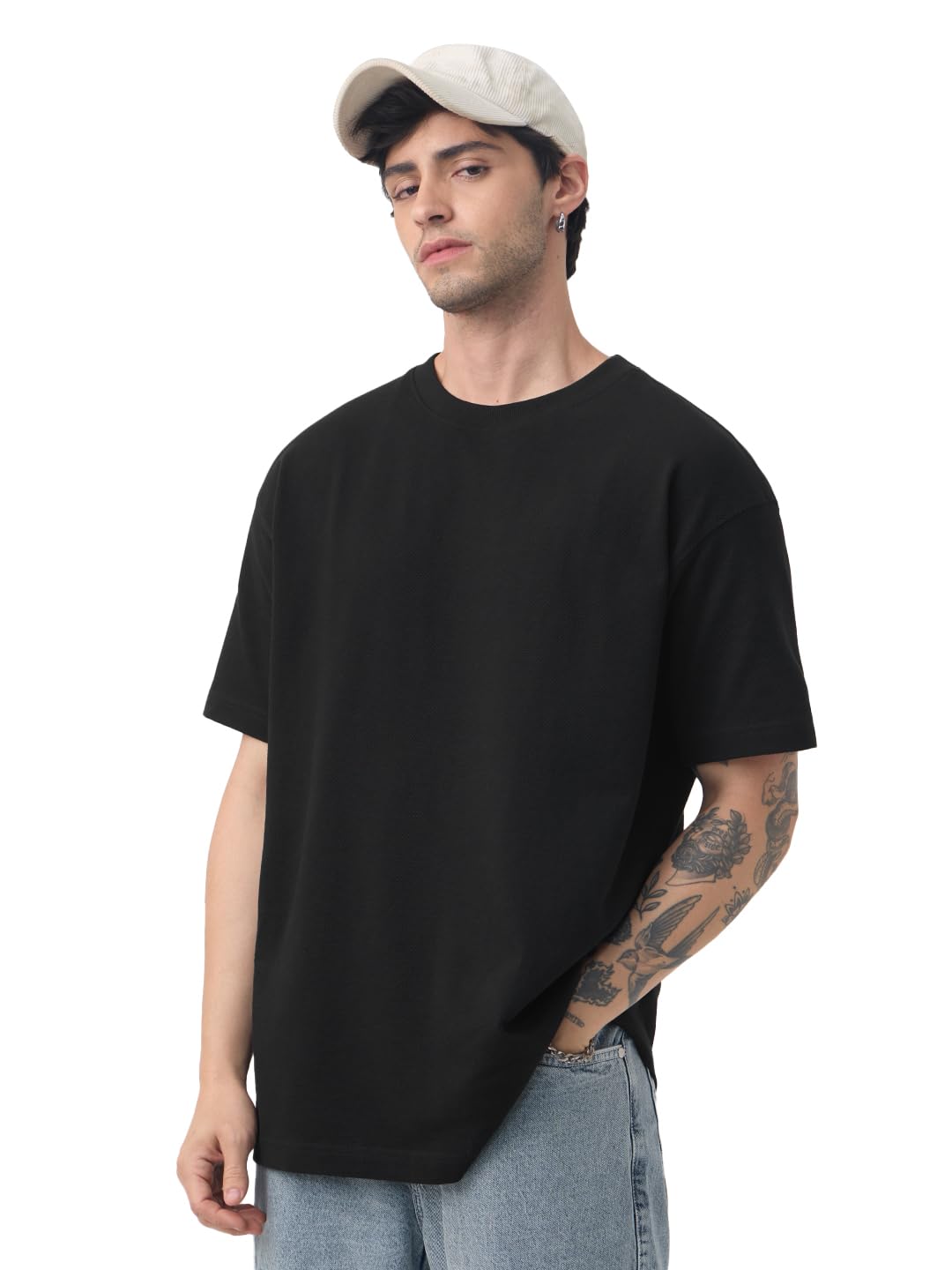 Oversized T-Shirt: Blackout Men and Boys Short Sleeves Round Neck Black Solid Textured Plain Drop Shoulder Casual Streetwear Basic Oversized T-Shirt-image-0