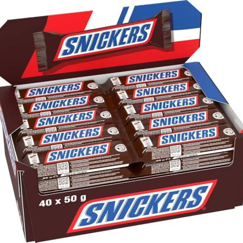 SNICKERS - Barre Chocolat au Lait, Cacahuètes & Caramel - Grand format - 40 barres chocolatées individuelles de 50g - 2kg