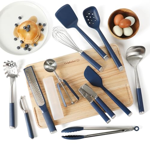 Image of Calphalon Edge 11-Piece Silicone and Stainless Steel Kitchen Tool Set, Kitchen Utensil Set, Heat Resistant Nonstick Safe Kitchen Gadgets with Non-Slip Handle, Durable Kitchen Gadgets (Navy Blue)