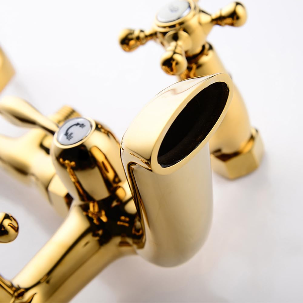 HomeLava Nostalgie Wannenarmatur Gold Retro Wannenbatterie Bad Badewannenarmatur Armatur Zwei Griffe Badewanne Mischbatterie mit Handbrause Wannenmischer mit Brause Wannenhahn