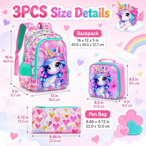 Image of CCJPX 16 inch Unicorn Backpack for Girls, 3Pcs Sequin Bookbag with Lunch Box, Lightweight Toddler School Bag for Elementary Kindergarten Preschool (Pink)