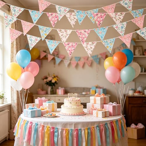 Image of Zwiebeco 32Ft Pink White Blue Fabric Floral Pennant Banner Bunting Cotton Flower Triangle Flags Party Decorations for Birthday Wedding Engagement Bridal Baby Shower Rustic Village Home Garden Decor
