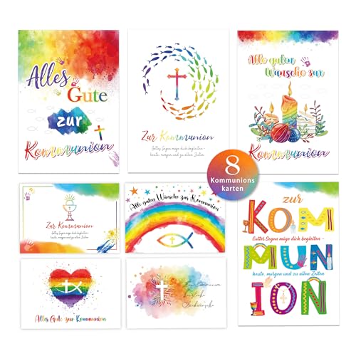 Legezon 8 stilvolle Kommunionskarten mit Umschlägen Glückwunschkarten 12 x 17 cm zur Erstkommunion