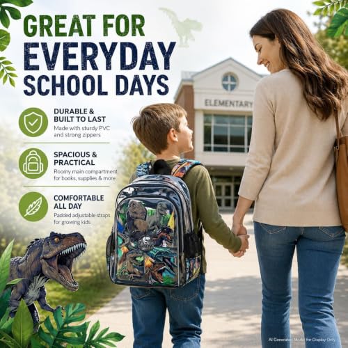 Image of WZLVO Clear Backpack for Kids Boys, 16 inch Heavy Duty PVC Transparent Bookbag with Frame Reflective Strip, Cute See Through School Bags for Elementary Preschool - Awesome Dinosaur Black
