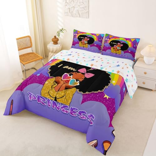 Image of Erosebridal Black Girls Full Comforter Set African Princess Bedding Set Dreamy Rainbow Magical Comforter Cute Little Princess Bed Sets for Kids Melanin Bedroom Decor (1 Comforter, 2 Pillowcases)