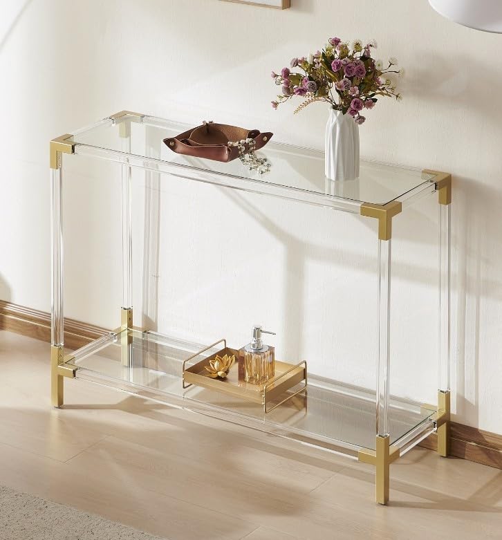 Pine Flicker Rectangle Glass Console Table Modern Design 2-Tier Sofa Table for Living Room & Bed Room L41*W13*H29 inch Clear Glass Top Acrylic Frame and Gold Finish Metal Frame