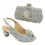 Qlujek Women Shoes and Bag Set for Evening Party Wedding Italian Style High Heels African Decorated with Rhinestone(Silver,10)