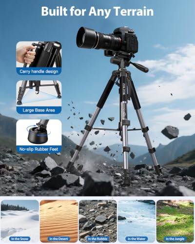 Image of 75 inch Camera Tripod, Heavy Duty Aluminum Camera Stand for ipad Phone, Travel Tripod with Remote /Carry Bag /Phone Tablet Holder, Compatible with DSLR, Spotting Scopes, Max Load 15 Lb(Grey)