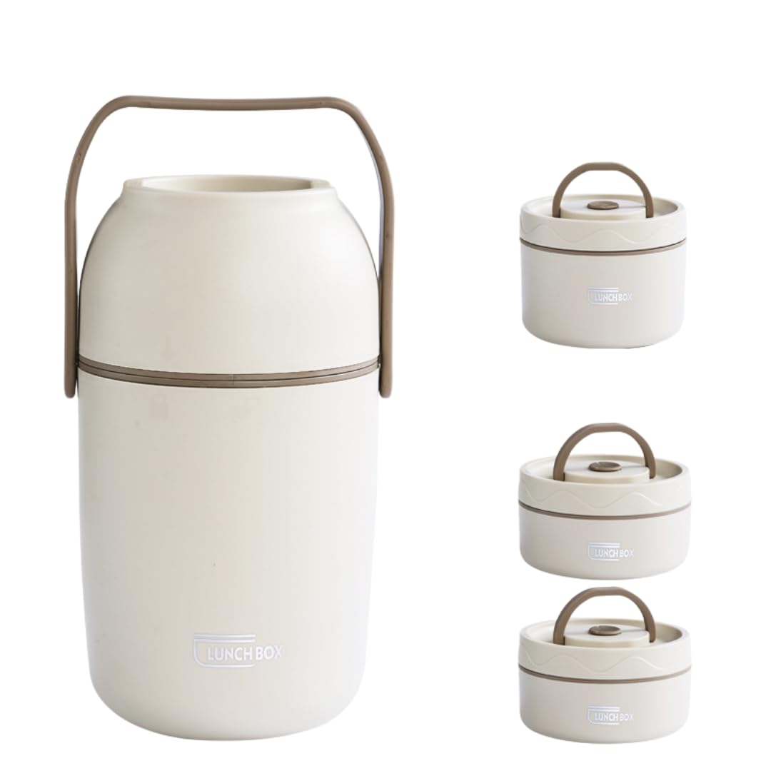 Genérico Termo para Alimentos con Compartimentos, Diseño Agradable y Funcional - Blanco y Beige - 1,2 Litros y 1,5 Litros (2 o 3 recipientes) - Plato incluido y Asa de transporte. (Blanco, 1,5 L)