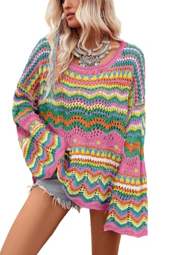 Ecosunny Sweaters for Women 2024 Long Sleeve Round Neck Colorblock Striped Hollowed Knit Sweater Pullover Tops