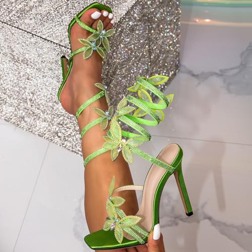 Rhinestone Butterfly Heels for Women Sparkly Sandals Ankle Wrap Up Strappy Shoes Square Toe Shiny High Heels for Prom3