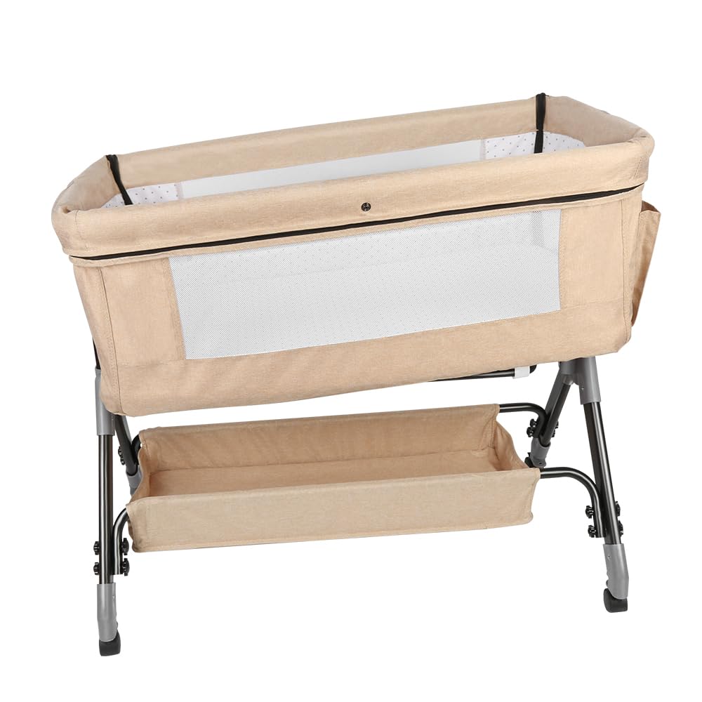 Lit Cododo Bebe avec Roues,Berceau Bébé Evolutif,Côté Repliable,4 Niveaux de Réglage de La Hauteur,Facile à Assembler,Equipé de Moustiquaire (Blanc cassé, 103-115cm quatrième Vitesse)