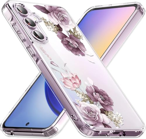 Image of VONZEE Clear Transparent Flower Case Compatible with Samsung Galaxy A55 5G, Shockproof Floral Design PC+TPU Back Cover, Camera Protection Slim Protective Phone Case for Women & Girls, Deep Purple