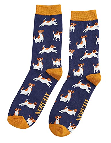 LilyRosa Mens Jack Russell Socks One Size 7-11 Bamboo Blend Crew Mid Calf Navy Blue