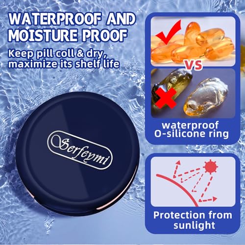 Image of Serfeymi Small Pill Case for Purse, Unique Artistic Patterns Travel Pill Box with 3 Compartments, Portable Mini Pill Organizer for Pocket, Decorative Pill Container for Purse - Dark Blue(Logo)