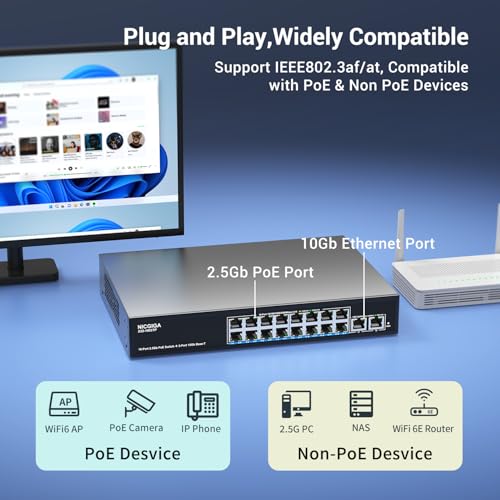 Image of 16 Port 2.5G PoE Switch Unmanaged with 16 Port 2.5Gb Base-T PoE+@250W + 2 x 10G RJ45 Uplink, NICGIGA 18 Port 2.5Gbe IEEE802.3af /at Power Over Ethernet Switch, Support WiFi6 AP, NAS, 4K PoE Camera NVR.