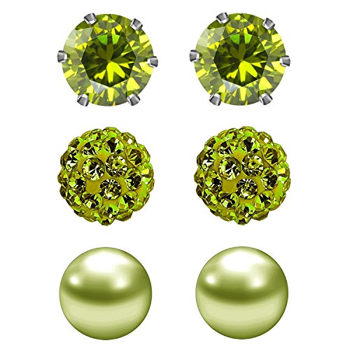 JewelrieShop Olive Green Studs Earrings for Women CZ Rhinestones Crystal Ball Fake Pearl Stainless Steel Party Stud August Birthstone Earring Set for Girl (3 pairs,6mm Round,Aug)