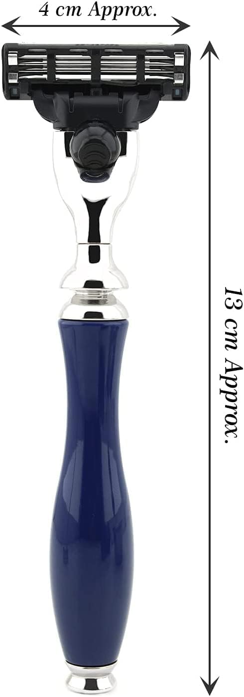 Rasierset mit 3-Klingen-Rasierer und Echt-/Super-Dachshaarpinsel, Rasierschale, Rasierständer in blauer Farbe