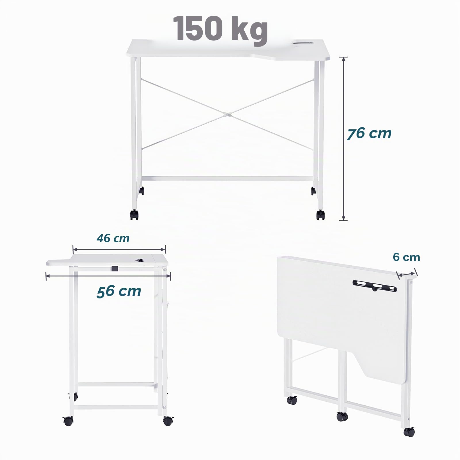 PIPIPOXER 90x56x75cm Scrivania Pieghevole con Ruote, Scrivania Computer con Slot per Schede, Scrivania da Ufficio per Studenti e Lavoratori, Tavolo da Scrivania Pieghevole,Struttura in Metallo,Bianco