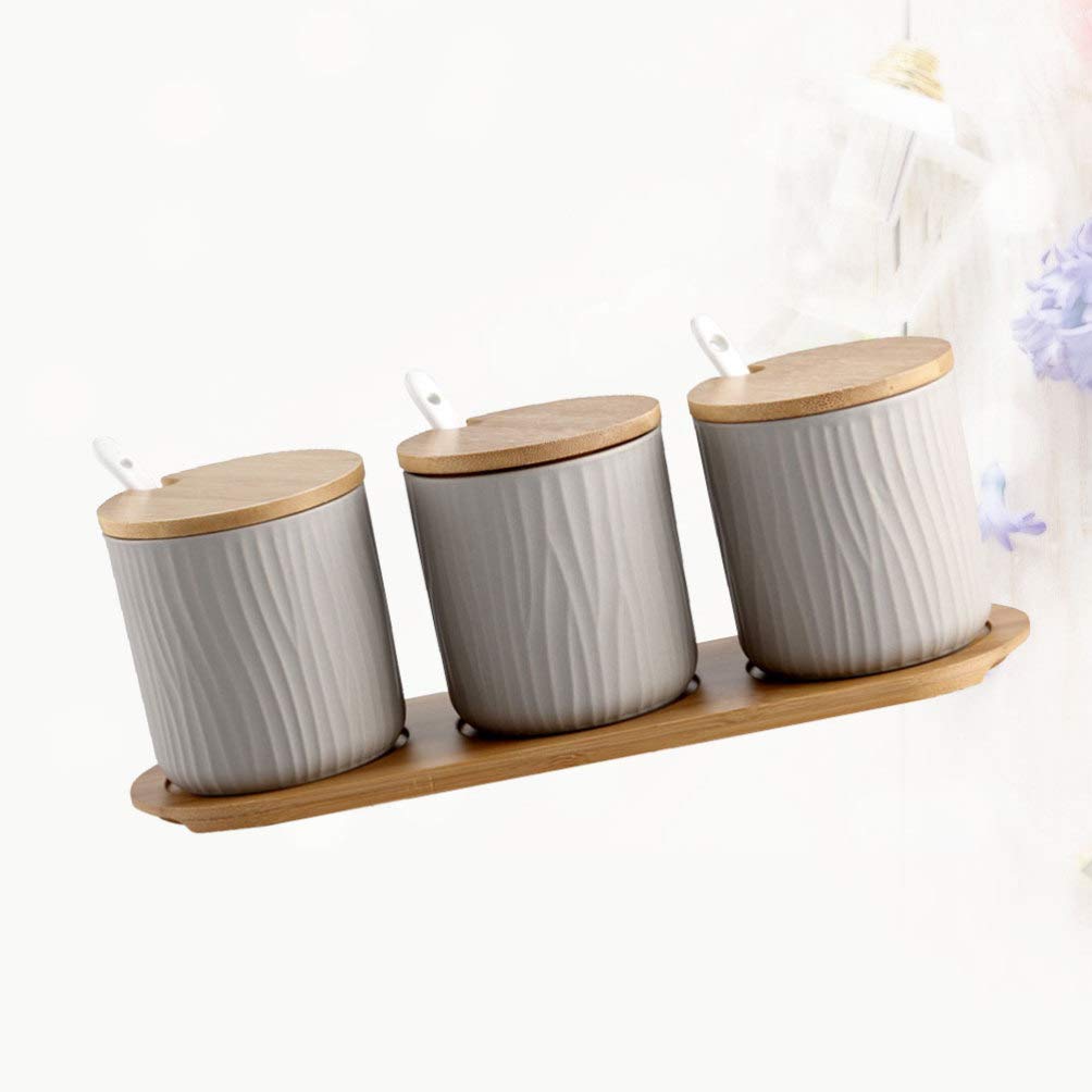 Tarro de especias de cerámica, macetas de especias con tapa, cuchara, bandeja de madera para servir en el hogar, cocina, 9,5 x 28,5 cm, color gris