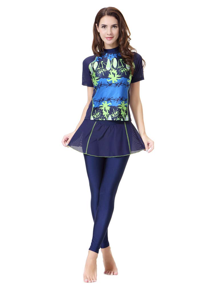 KXCFCYS Women's Short Sleeve Flower Modest Swimwear Lady Swimsuit Surfing Suit Swimming Costume Bikinis Navyblue