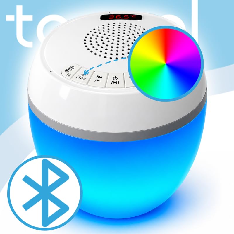 Schwimmender Bluetooth-Lautsprecher für Pool mit Thermometer und LED-Beleuchtung, IP68, 8 Lichtmodi, 360°-Stereo-Sound, TWS, Reichweite 25 m, Akku 2000 mAh