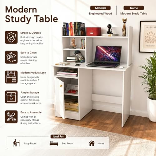 Image of SPYDER CRAFT Modern Indus Engineered Wood Study Table with Storage Shelf | Clean Minimalist Computer Desk for Home, Office, & Bedroom | Durable & Easy to Clean - (White) (Assembly DIY)