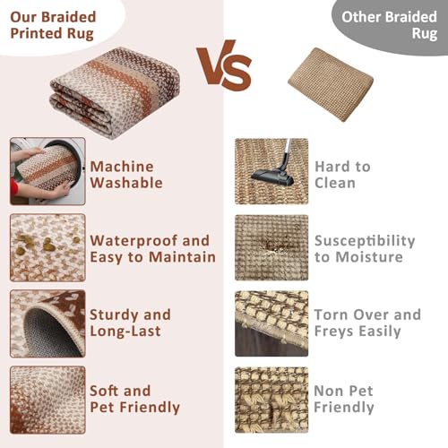 GAOMON Washable Runner Rug 2x10 Hallway Runners Braided Print Entryway Runners Non-Slip Kitchen Rug Runner Ultra-Thin Low Pile Farmhouse Floor Mat for Bedroom Bedside Laundry Boho Carpet Brown/Orange