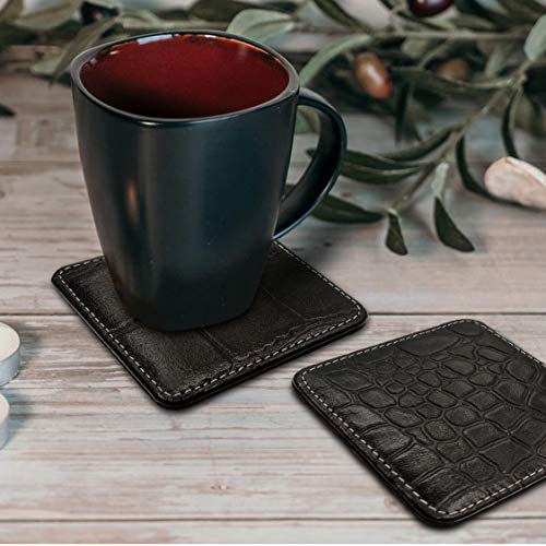 Image of Genuine Leather Square Shaped Coasters Set of 6| Heat-Resistant, Durable & Non-Slip Coasters for Home & Office I Perfect for Any Beverage (Color - Black)
