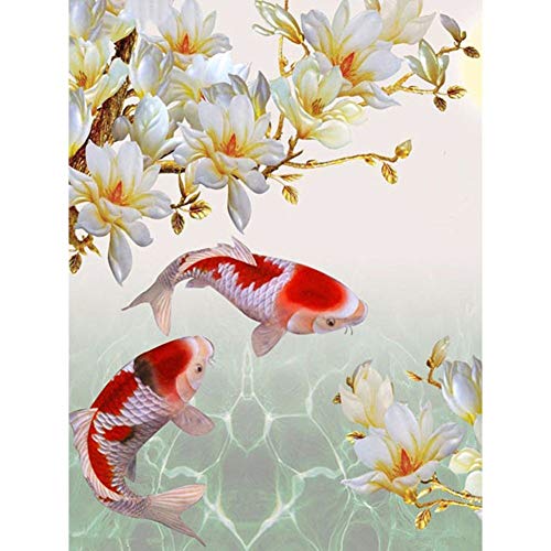 Tangbr 5D DIY Diamond Painting Kits for Adults Full Round Drill Diamond Art Number Kits Embroidery Art for Adults Gold Fish and Magnolia 11.8x15.7in 1 Pack