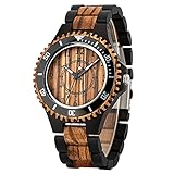 Realpoo Brown Black Ebony Zebra Wooden Quartz Men's Watch,Foldover Clasp Wood Strap Arabic Numerals Display Wooden Watches for Men