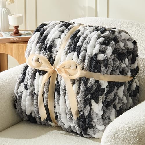 Image of Inhand Chunky Chenille Yarn for Hand Knitting, Thick Bulky Blanket Yarn for Crocheting,Soft Fluffy Yarn for Crochet Gifts & Crafts for Women /Beginners, 8 Pack (29.5 yds /8.4 oz Each), Black & LightGray