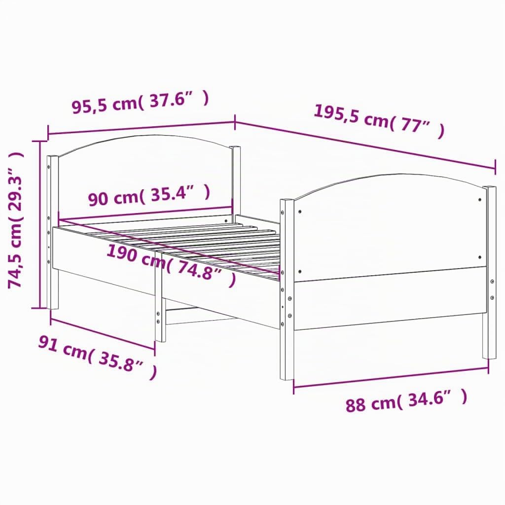 vidaXL Estructura de Cama con Cabecero, Somier de Listones de Invitados, Armazón de Cama, Mueble para Dormitorio, Madera de Pino Blanco 90x190 cm