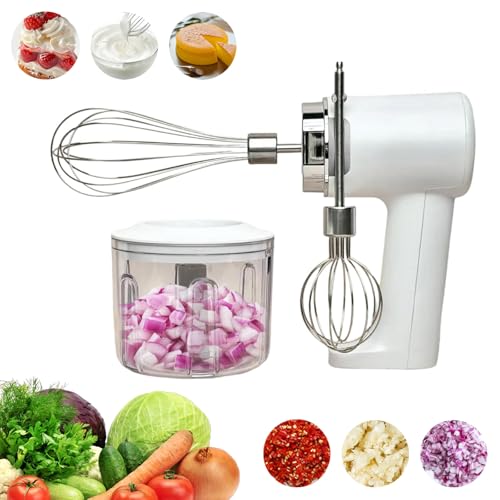 SH-RuiDu 3-in-1 Cordless Electric Hand Mixer, Portable USB Rechargeable Electric Hand Blender with 2 Detachable Whisks & 200ml Mini Chopper Bowl, 3-Speed Settings for Whipping Mixing Chopping