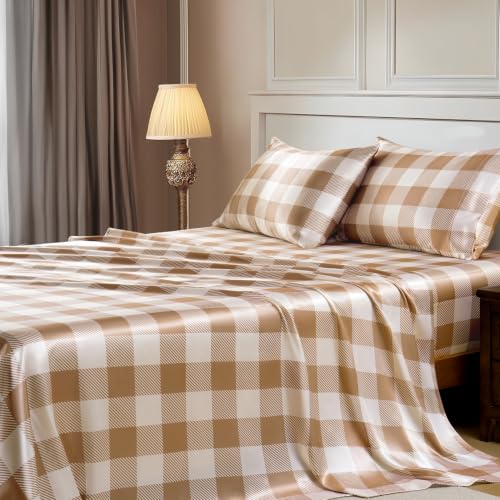 Image of MR&HM Satin Bed Sheets with Elastic Corner Straps, Queen Size Sheets Set, 4 Pcs Silky Bedding Set with 15 Inches Deep Pocket for Mattress (Queen, Latte Check)