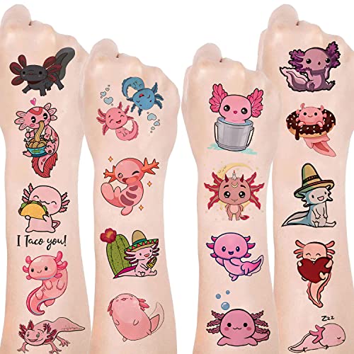 YYMYMGJ Axolotl Party Favor Temporäre Tattoos-Aufkleber, 24 Blatt für Axolotl-Geburtstagsparty-Dekorationen