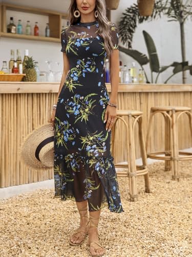 Image of GothDark Women's Summer Floral Mesh Ruffle Dress Short Sleeve Round Neck Waist Cinched Casual Maxi Wedding Guest Dresses