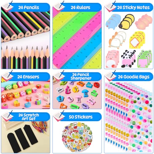 Mepmela WJ-20 Stationery Party Favors For Kids, 24 Pack Stationery Party Supplies With Pencils Rulers Erasers Sticky Notes For Birthday Goodie Bags School Classroom Rewards thumb #1